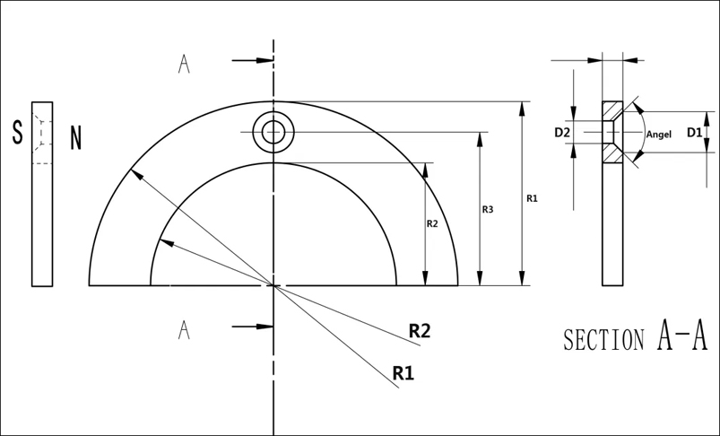 Arc Countersunk Hole Magnet Dimension Drawing