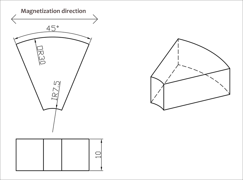 size drawing of trapezoidal (wedge) neodymium magnets