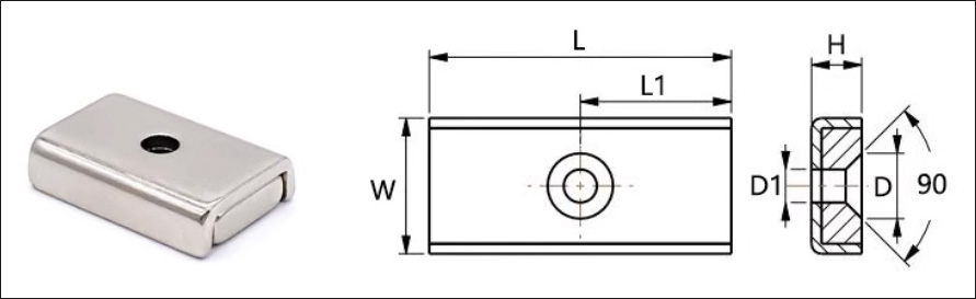 Rectangular neodymium pot magnet with countersunk holes (screw holes) size drawing