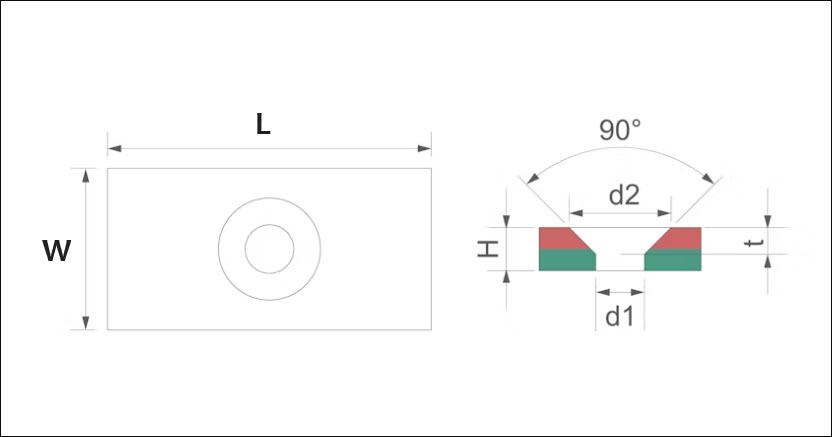 Rectangular Countersunk Hole Magnet Dimensional Drawing